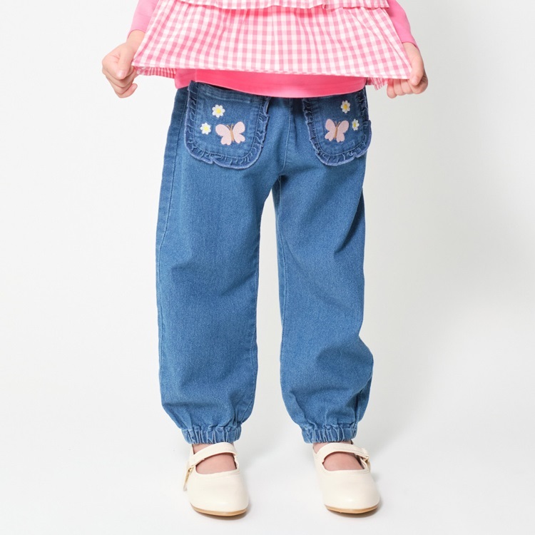 *蝶々お花刺繍デニムロングパンツ(ブルー-100cm)