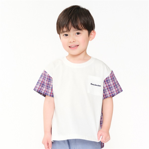 サッカーチェック無地切替半袖Tシャツ(ホワイト-140cm)