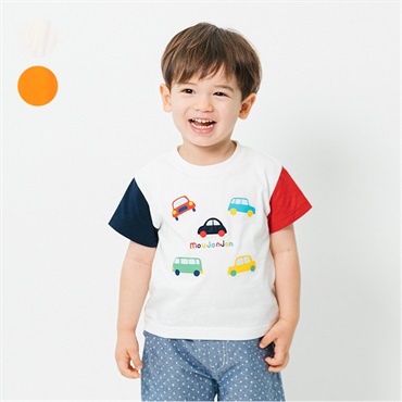 車アップリケプリント半袖Tシャツ