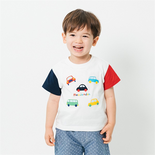 車アップリケプリント半袖Tシャツ(ホワイト-80cm)