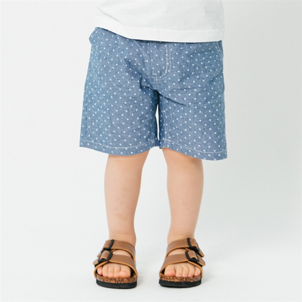 水玉・ドット柄ダンガリー5分丈ハーフパンツ(ブルー-110cm)