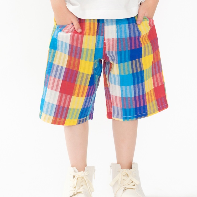 *ストライプ・チェック柄5分丈ハーフパンツ(レッド-90cm)
