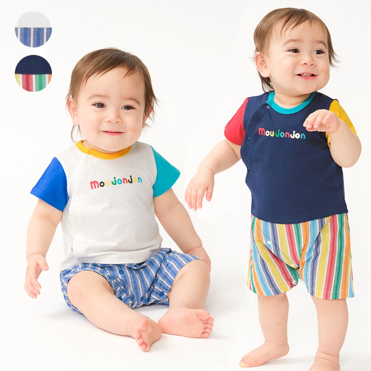 ストライプ切替半袖ロンパース