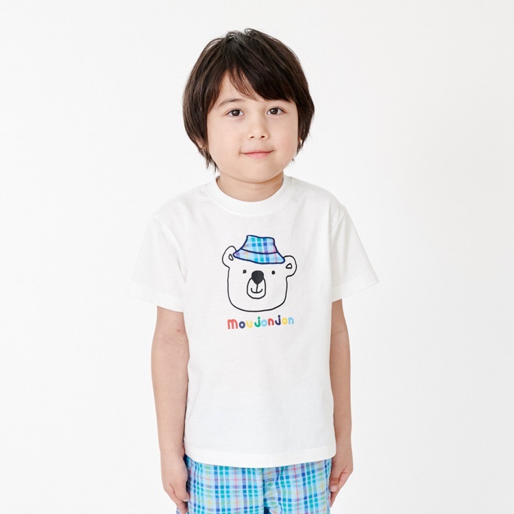 *【接触冷感】チェックアップリケ動物プリント半袖Tシャツ(ホワイト-100cm)