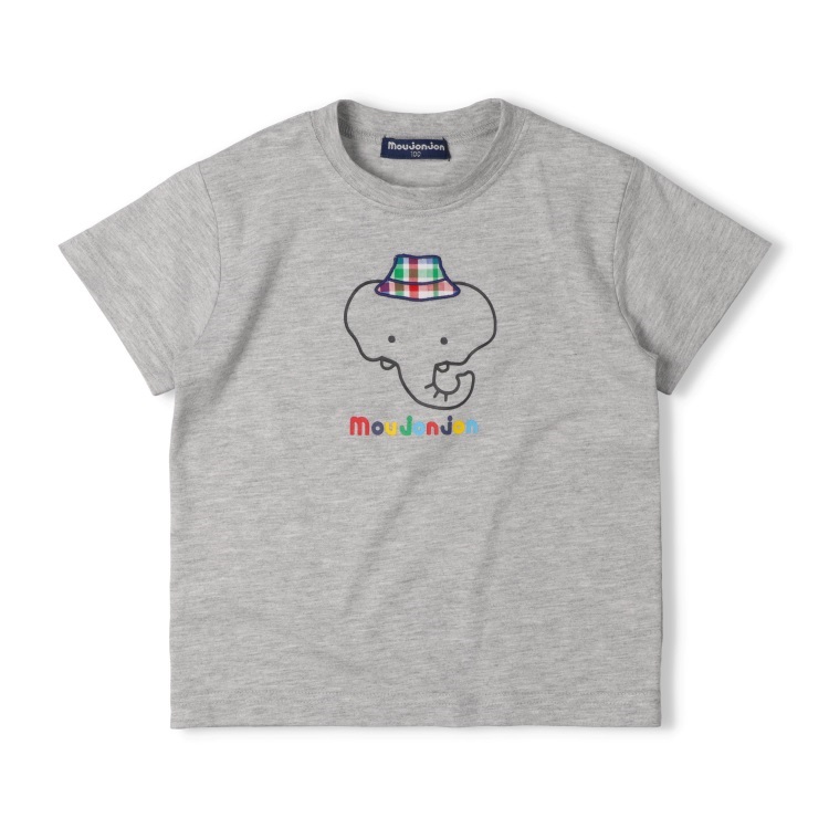 *【接触冷感】チェックアップリケ動物プリント半袖Tシャツ(グレー-140cm)