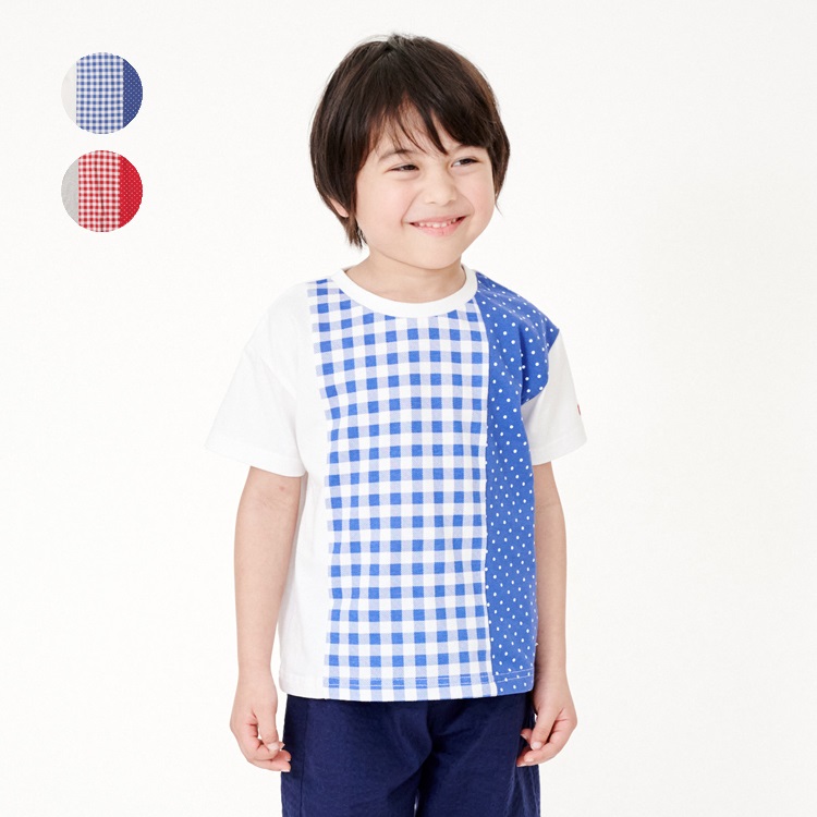 チェック・ドット柄切替半袖Tシャツ
