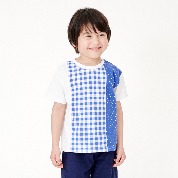 チェック・ドット柄切替半袖Tシャツ(ブルー-110cm)