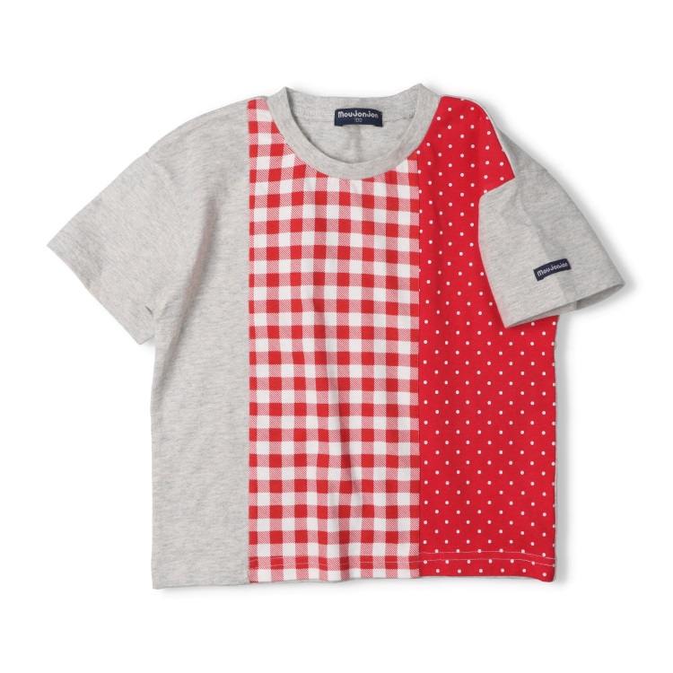 チェック・ドット柄切替半袖Tシャツ(レッド-120cm)