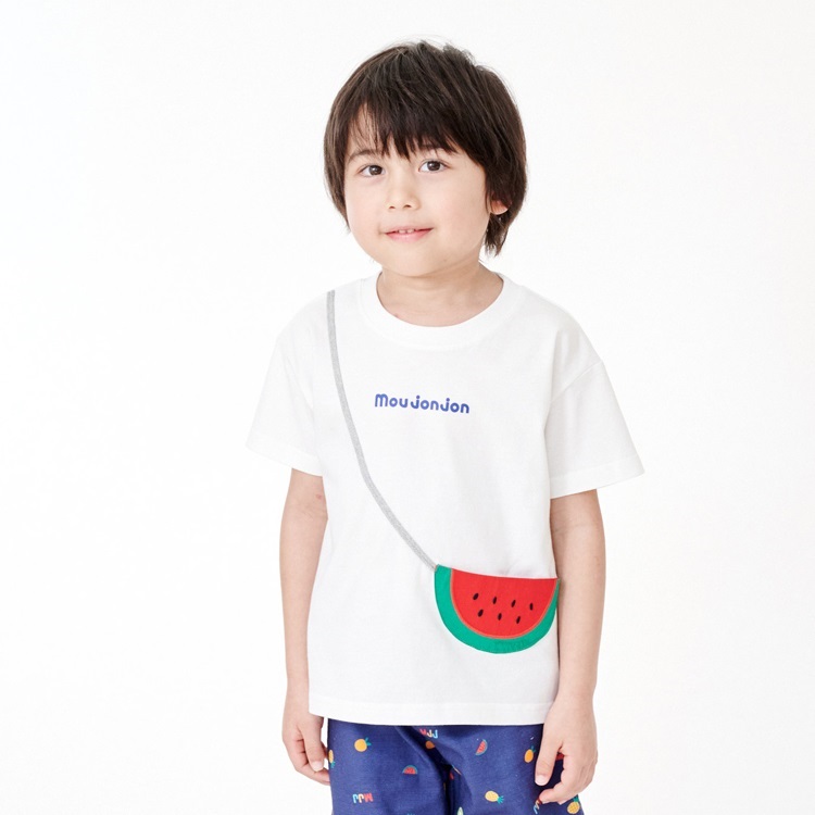 スイカ・レモンフルーツポシェット半袖Tシャツ(ホワイト-80cm)