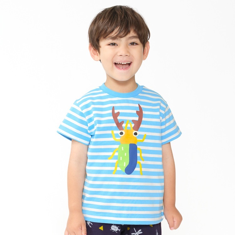 てんとう虫・クワガタボーダー半袖Tシャツ(サックス-100cm)