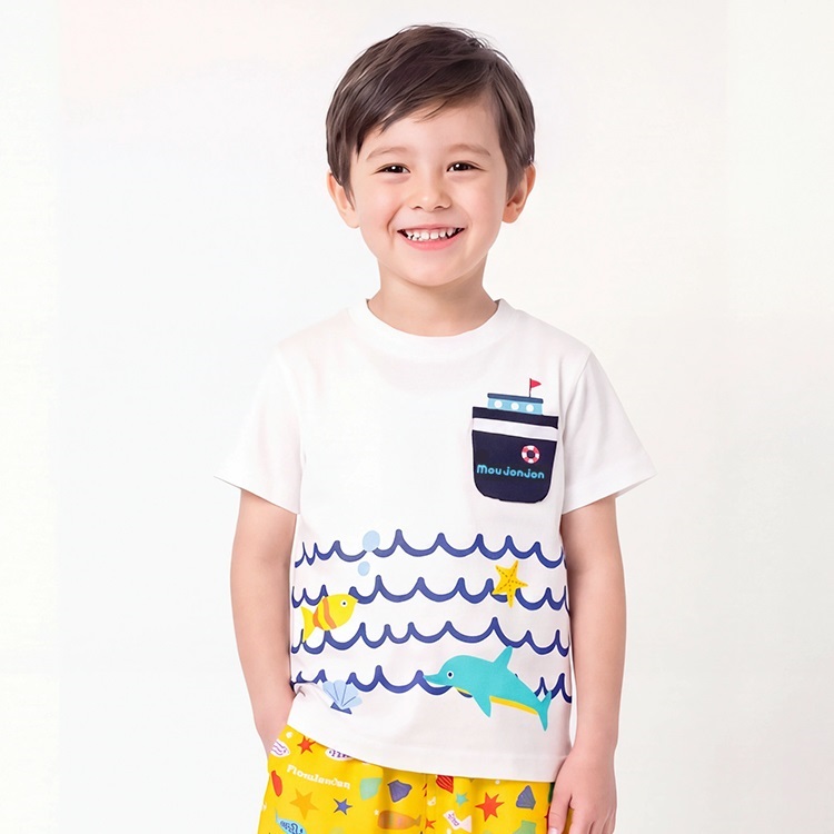 *海・ヨットポケット半袖Tシャツ(ホワイト-130cm)