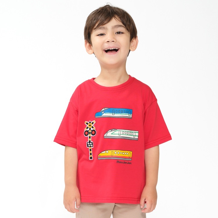 【WEB限定】電車プリント踏切ワッペン半袖Tシャツ(レッド-130cm)