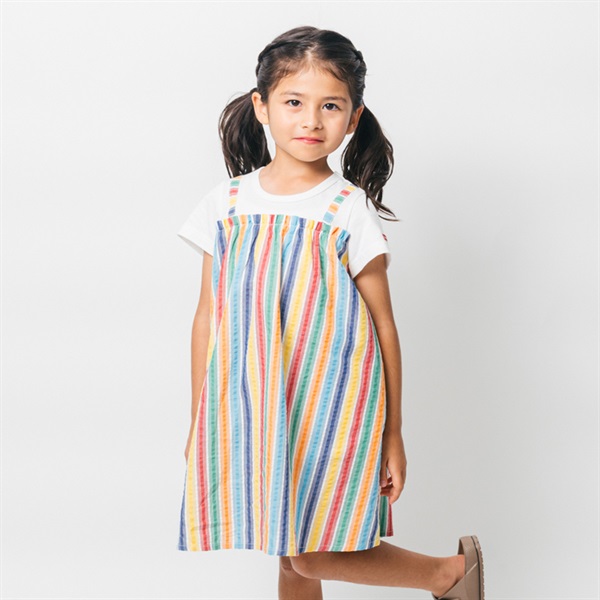 レインボーストライプレイヤード風半袖ワンピース(レインボー-130cm)