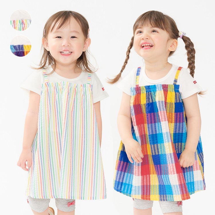 ストライプ・チェック柄切替半袖ワンピース