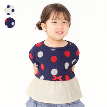 リボン付き水玉切替半袖Ｔシャツ