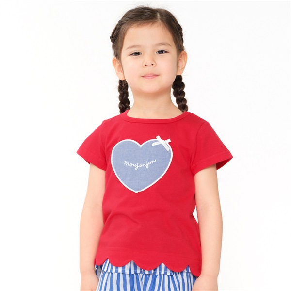 ハートアップリケ半袖Tシャツ(レッド-140cm)