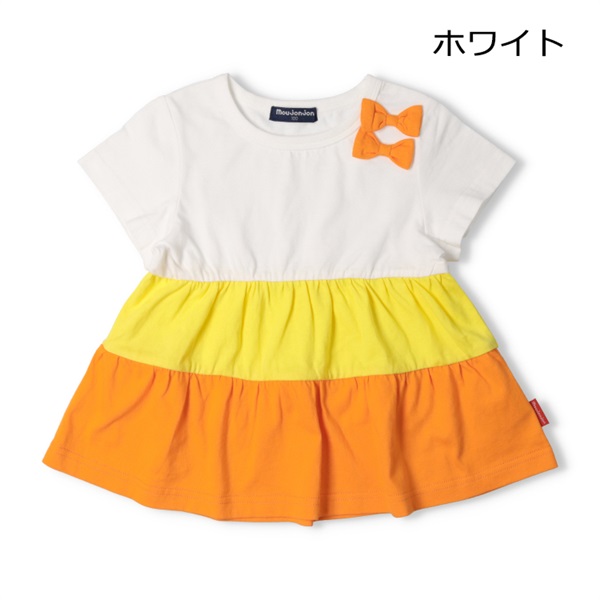 リボン付3段切替半袖Tシャツ(ホワイト-80cm)