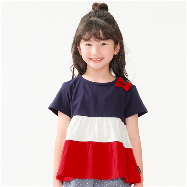 リボン付3段切替半袖Tシャツ(ネイビー-80cm)