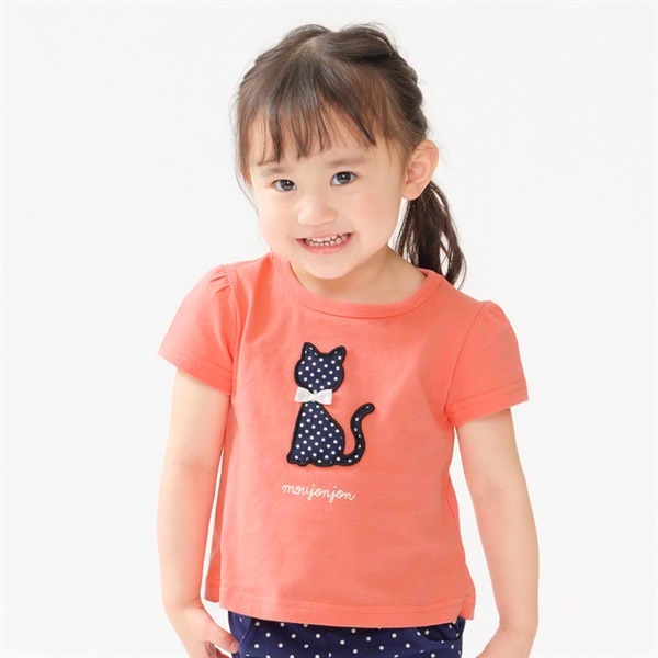 くま・ねこアップリケ半袖Tシャツ(ピンク-100cm)