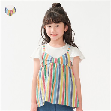 ストライプチュニック重ね着風半袖Tシャツ