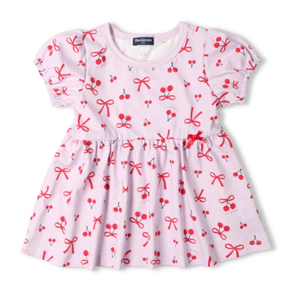 リボン・チェリー総柄チュニック半袖Tシャツ(ラベンダー-100cm)