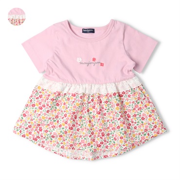 *小花柄切替チュニック半袖Tシャツ