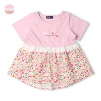 小花柄切替チュニック半袖Tシャツ