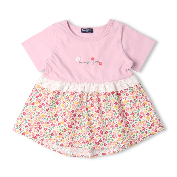 リボン花柄 半袖チュニック ピンク リボン花柄 半袖チュニック ピンク