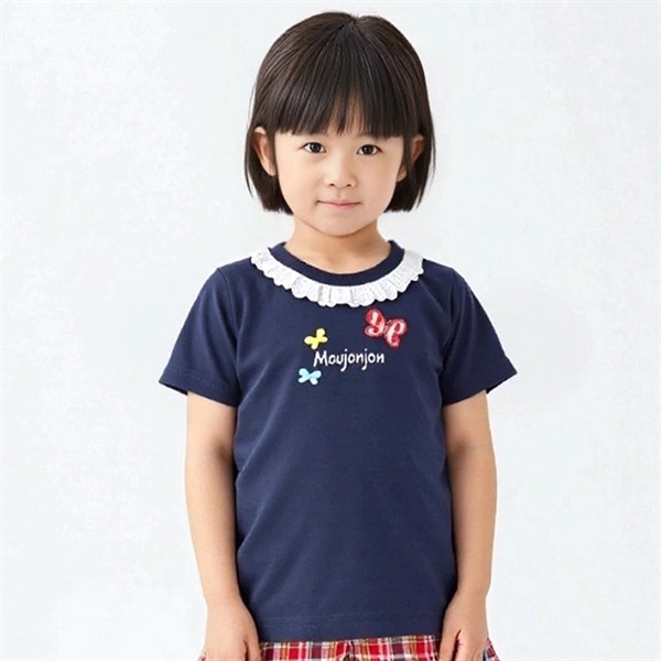 ちょうちょアップリケ衿レース半袖Tシャツ(ネイビー-110cm)
