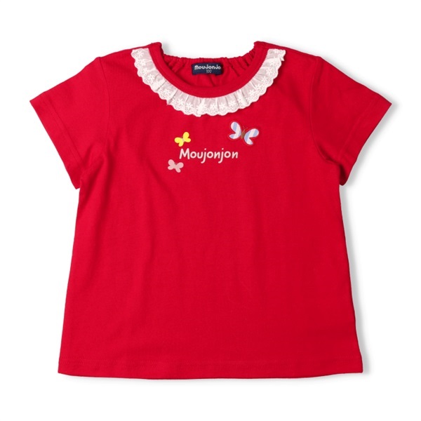 ちょうちょアップリケ衿レース半袖Tシャツ(レッド-90cm)