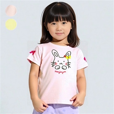 うさぎ・ねこプリント袖リボン付き半袖Tシャツ