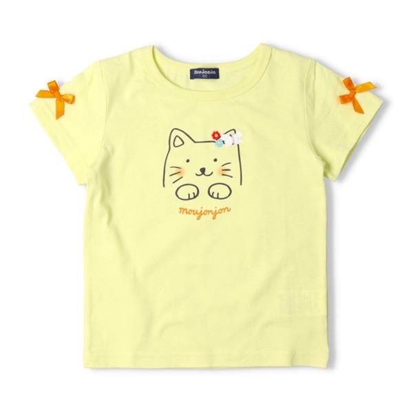 うさぎ・ねこプリント袖リボン付き半袖Tシャツ(クリーム-90cm)