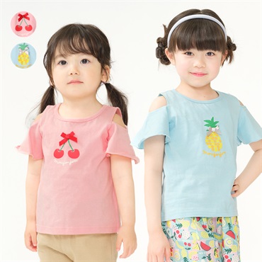 リボン付フルーツプリント肩開き半袖Tシャツ