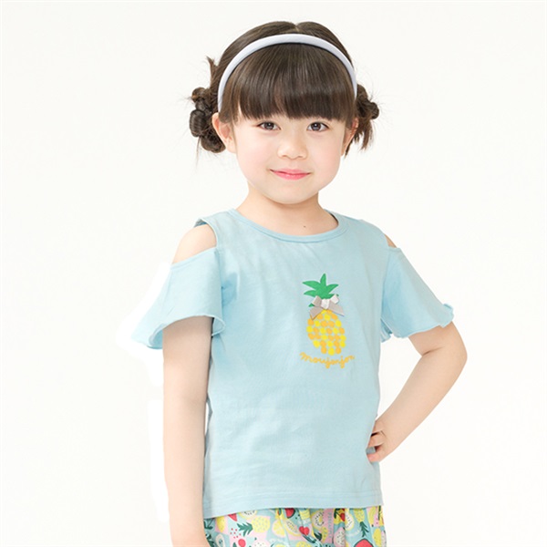 リボン付フルーツプリント肩開き半袖Tシャツ(サックス-120cm)
