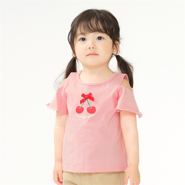 リボン付フルーツプリント肩開き半袖Tシャツ(ピンク-90cm)