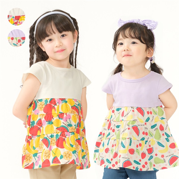 フルーツ柄ティアード切替チュニック半袖Tシャツ