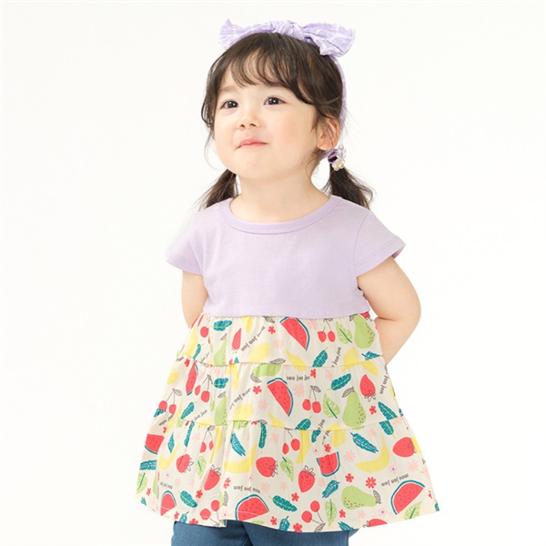 フルーツ柄ティアード切替チュニック半袖Tシャツ(パープル-120cm)