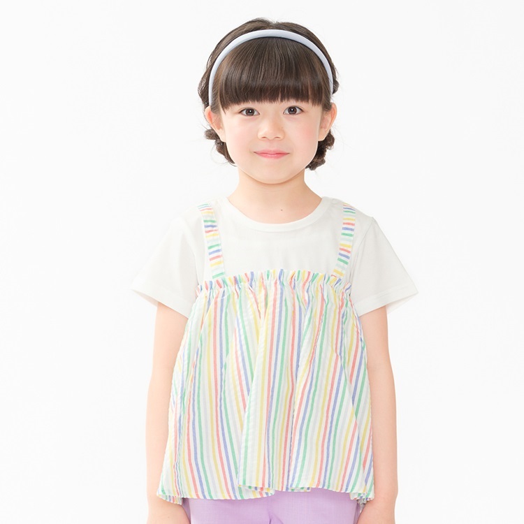 *ストライプ・チェックチュニック風半袖Tシャツ(ホワイト-80cm)
