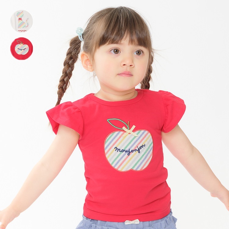 ねこ・りんごアップリケ半袖Tシャツ