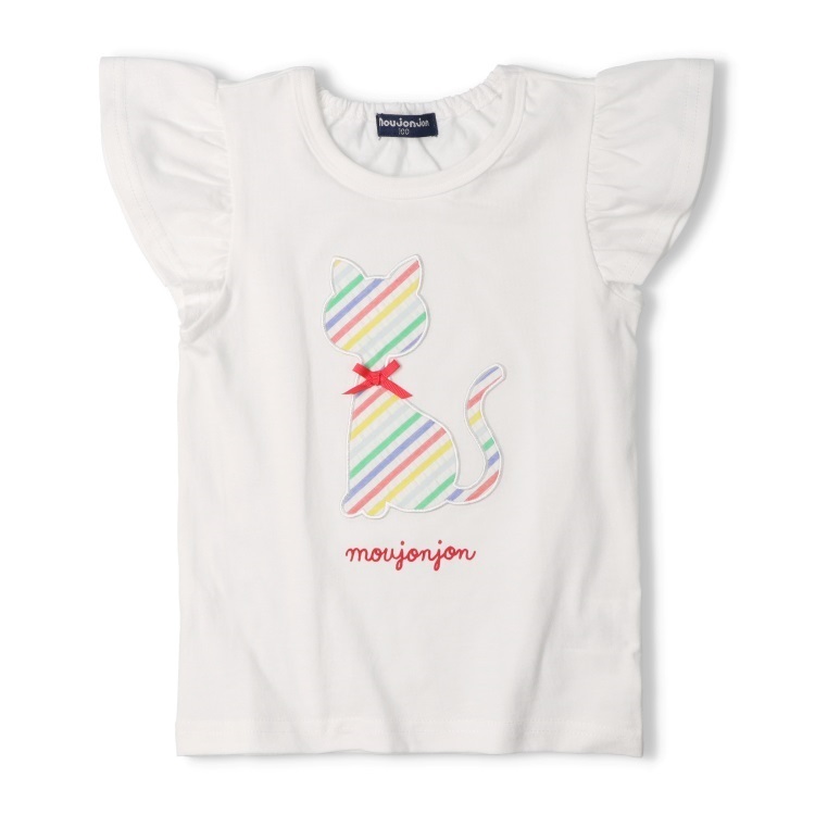 ねこ・りんごアップリケ半袖Tシャツ(ホワイト-120cm)