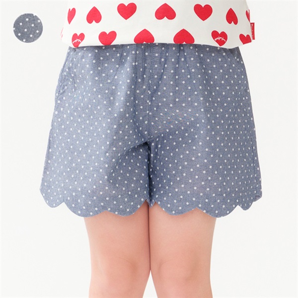 ドット柄ダンガリー裾スカラップショートパンツ