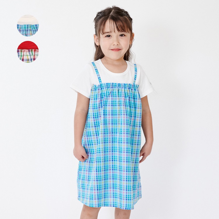 サッカーチェック切替半袖ワンピース