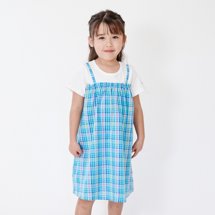サッカーチェック切替半袖ワンピース(ホワイト-140cm)