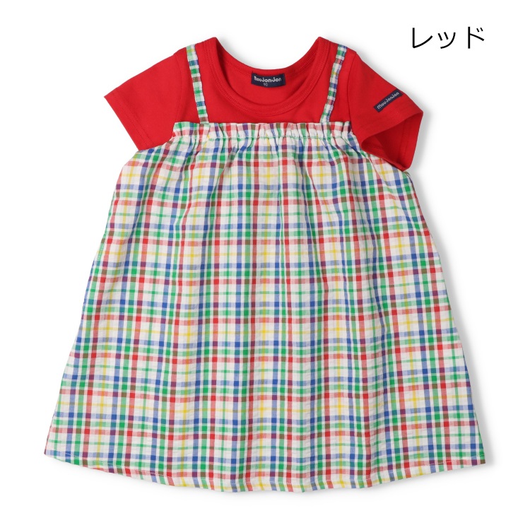 サッカーチェック切替半袖ワンピース(レッド-80cm)