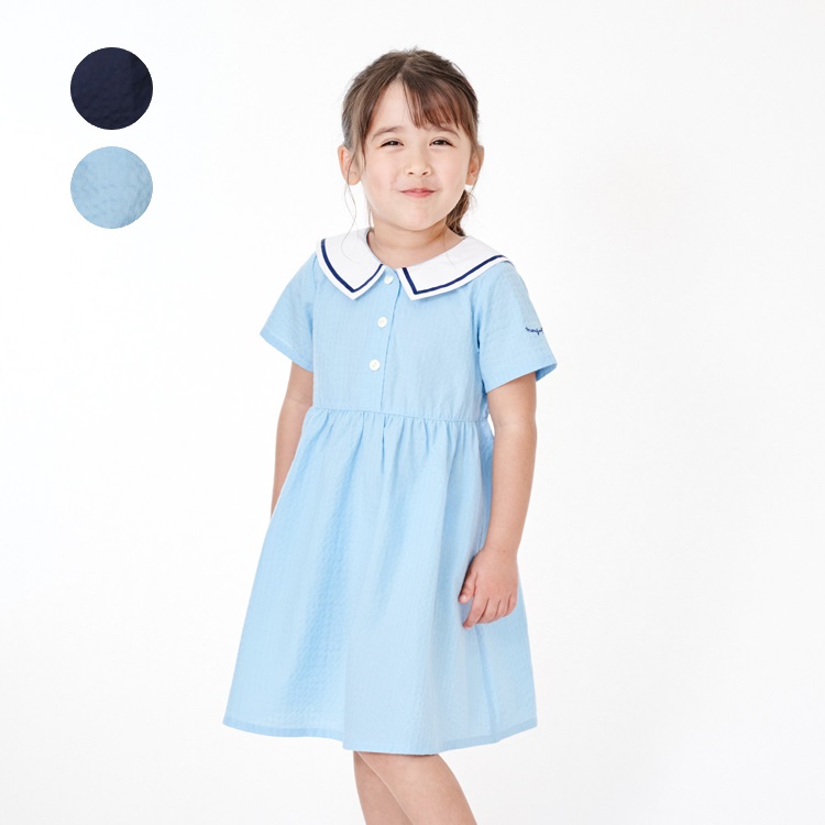 シアサッカーセーラー衿半袖ワンピース