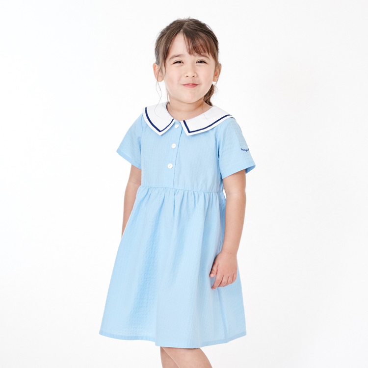 シアサッカーセーラー衿半袖ワンピース(ライトブルー-110cm)