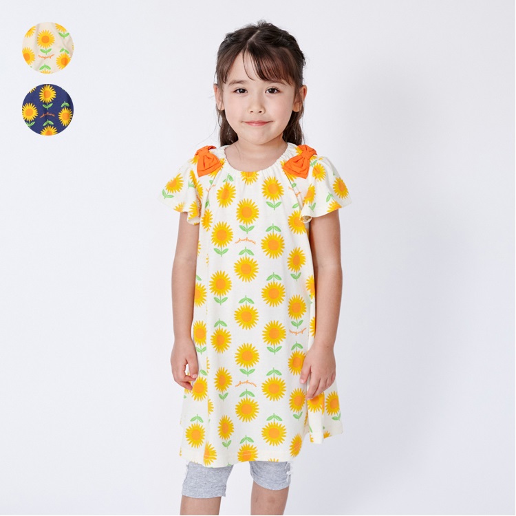 【接触冷感】ひまわり総柄肩リボン半袖ワンピース