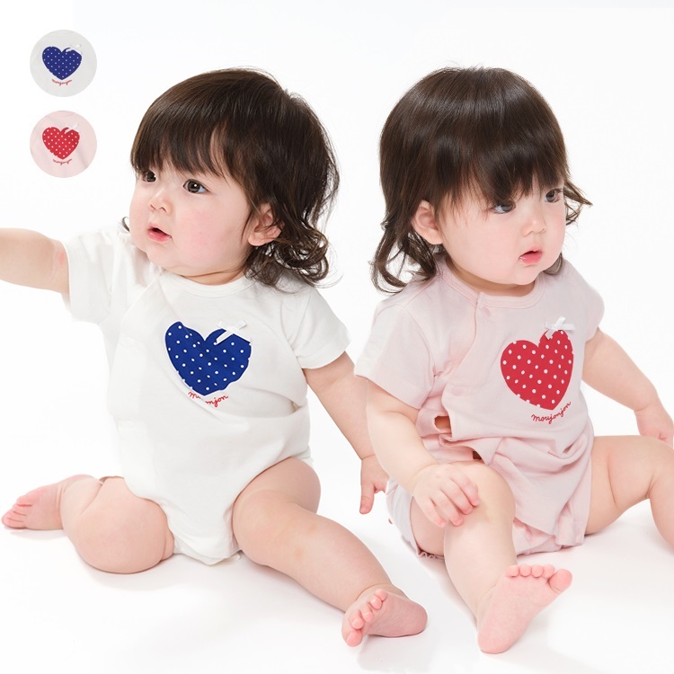 *リボン付きハートプリント半袖ロンパース