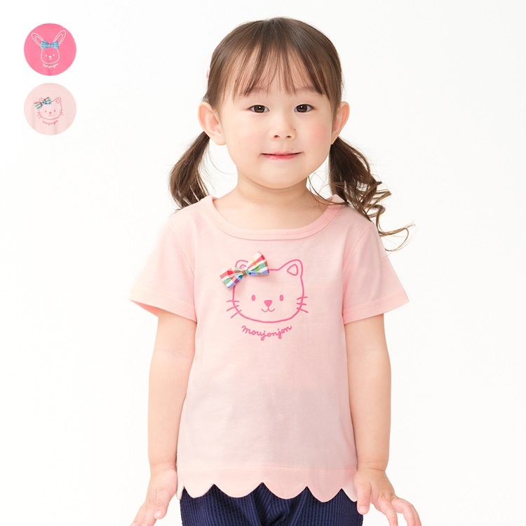 *リボン付きうさぎ・ねこプリント半袖Tシャツ