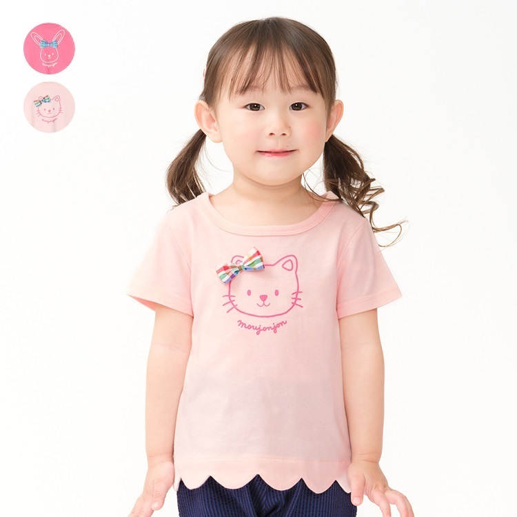 リボン付きうさぎ・ねこプリント半袖Tシャツ